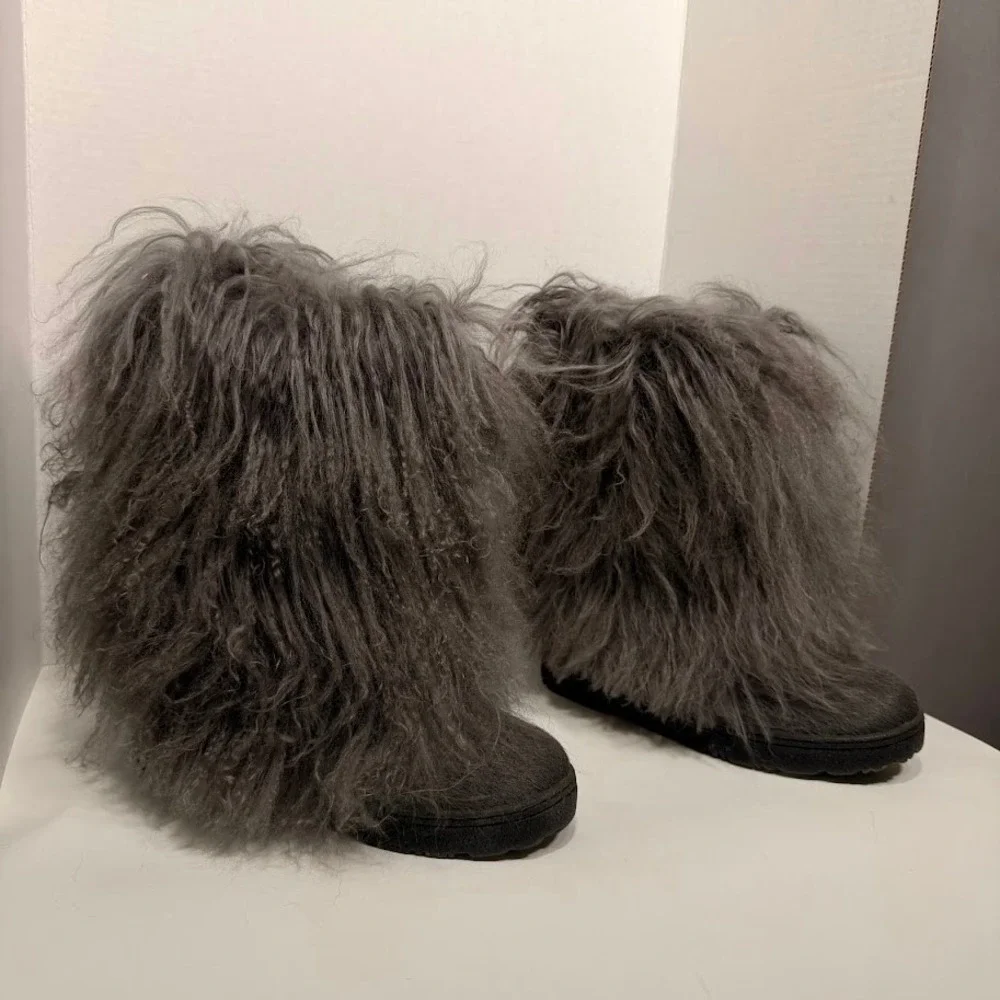 Bearpaw Boetis Grey Shaggy Fur Boots Cow Hair Curly Lamb Wool Sheep Womens 8